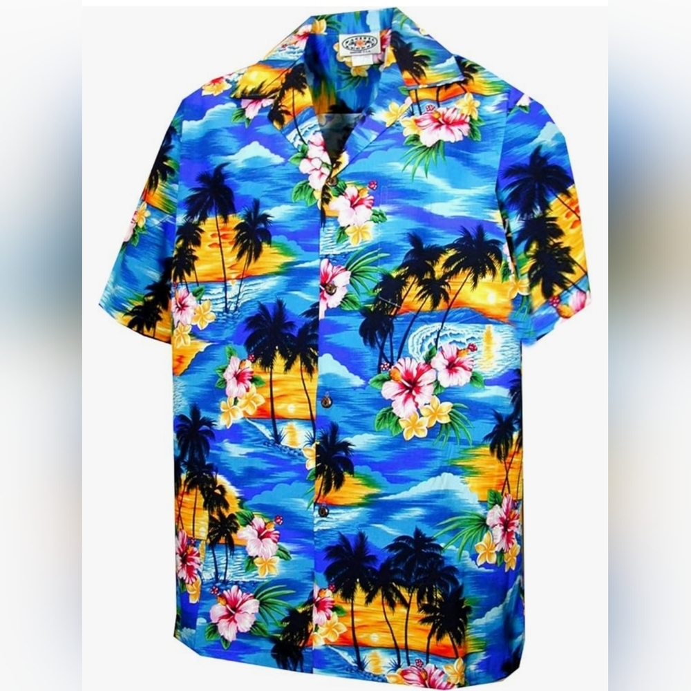 Pacific Legend Men's Brilliant Hawaiian Island Sunset Shirt, Blue Sz XL
